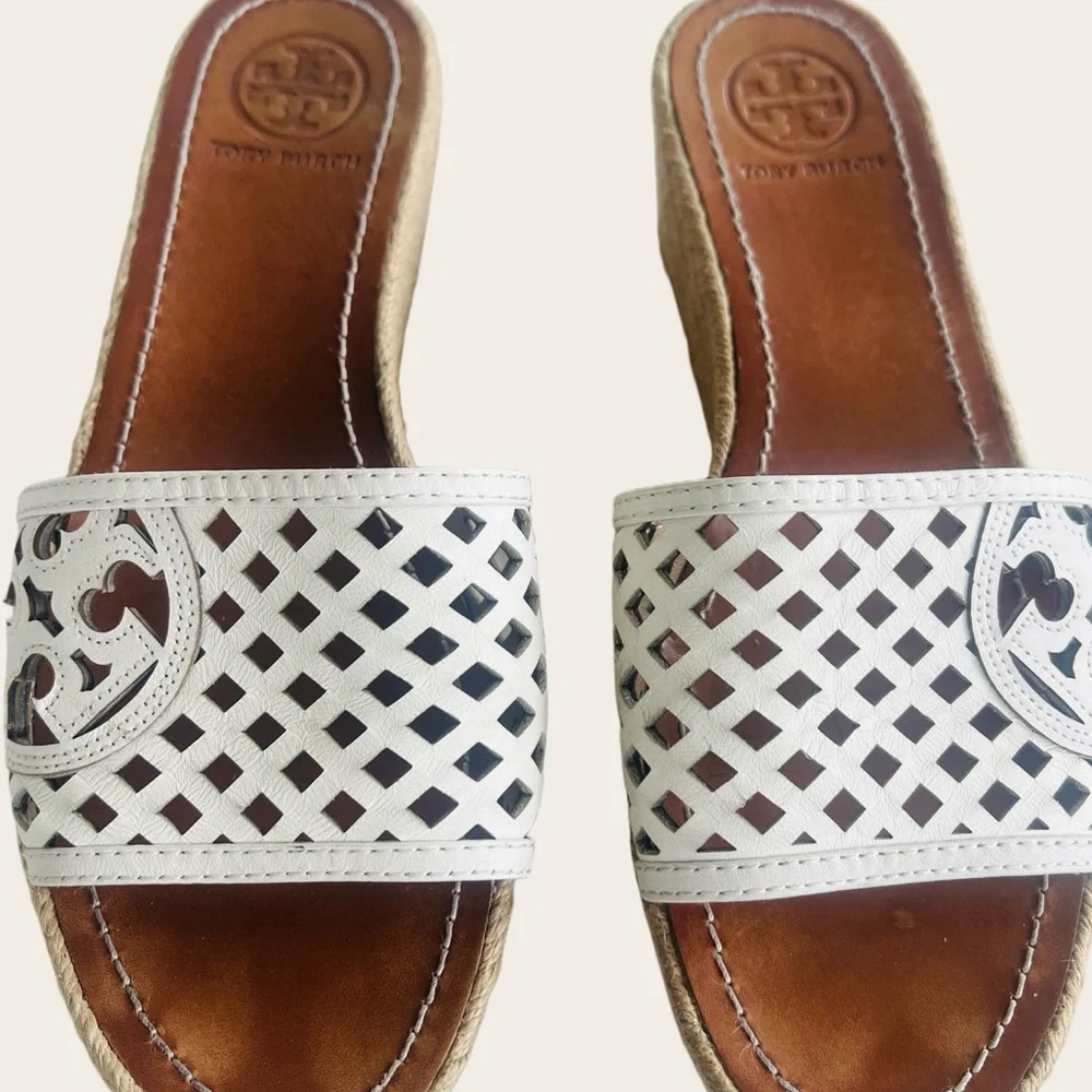 Tory Burch Sz 9 White Leather Logo Espadrille Wedge Platform Sandals Slide